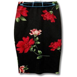 REVAMPED Black red green floral print bodycon pencil skirt XS SMALL wiggle skirt